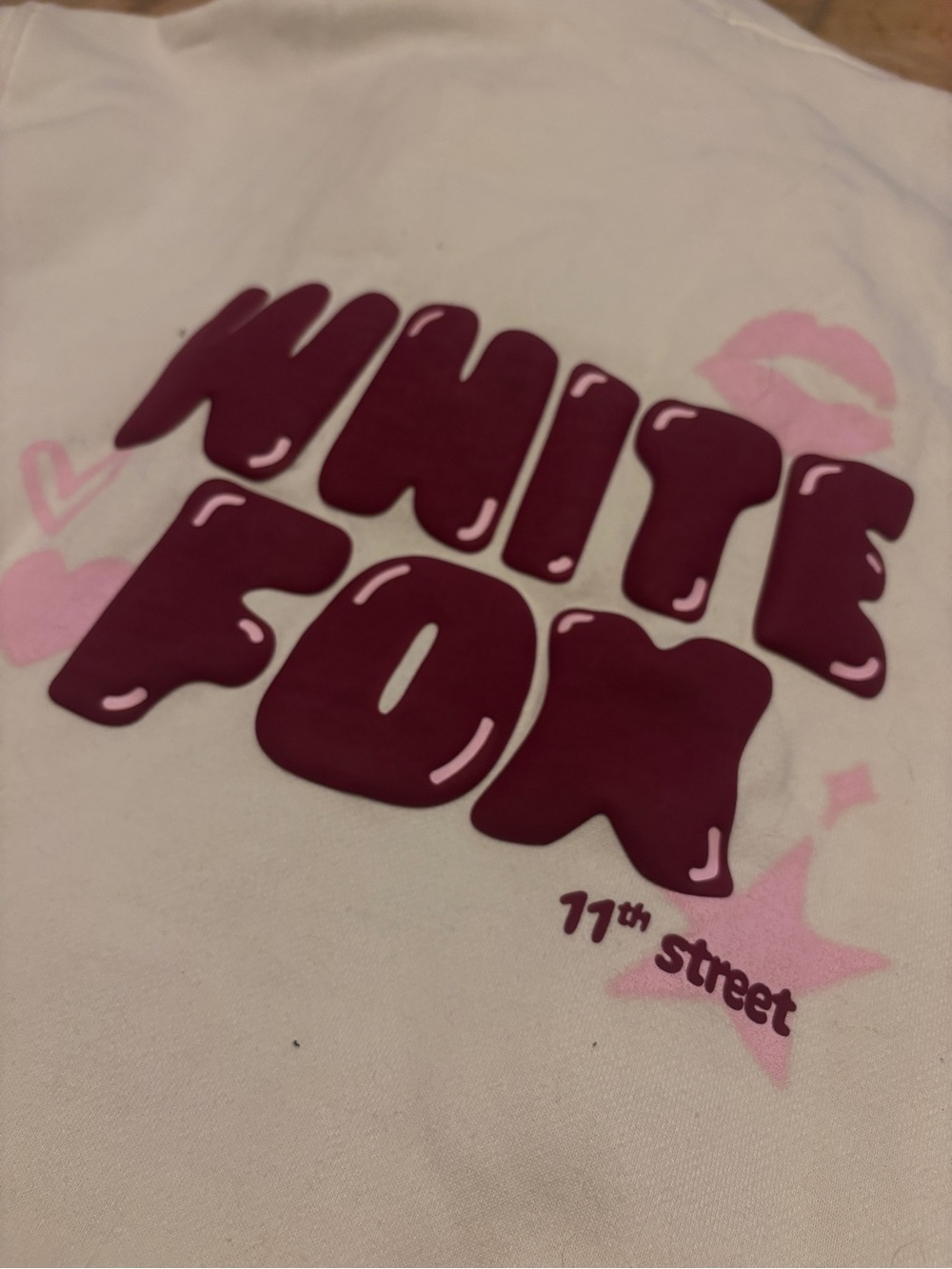 White Fox Boutique White Tee with Maroon Graphic and Pink Accents